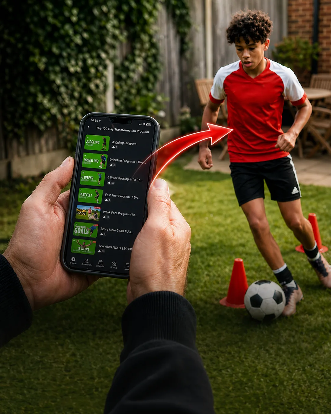 Parent using the Joner Football App during home training
