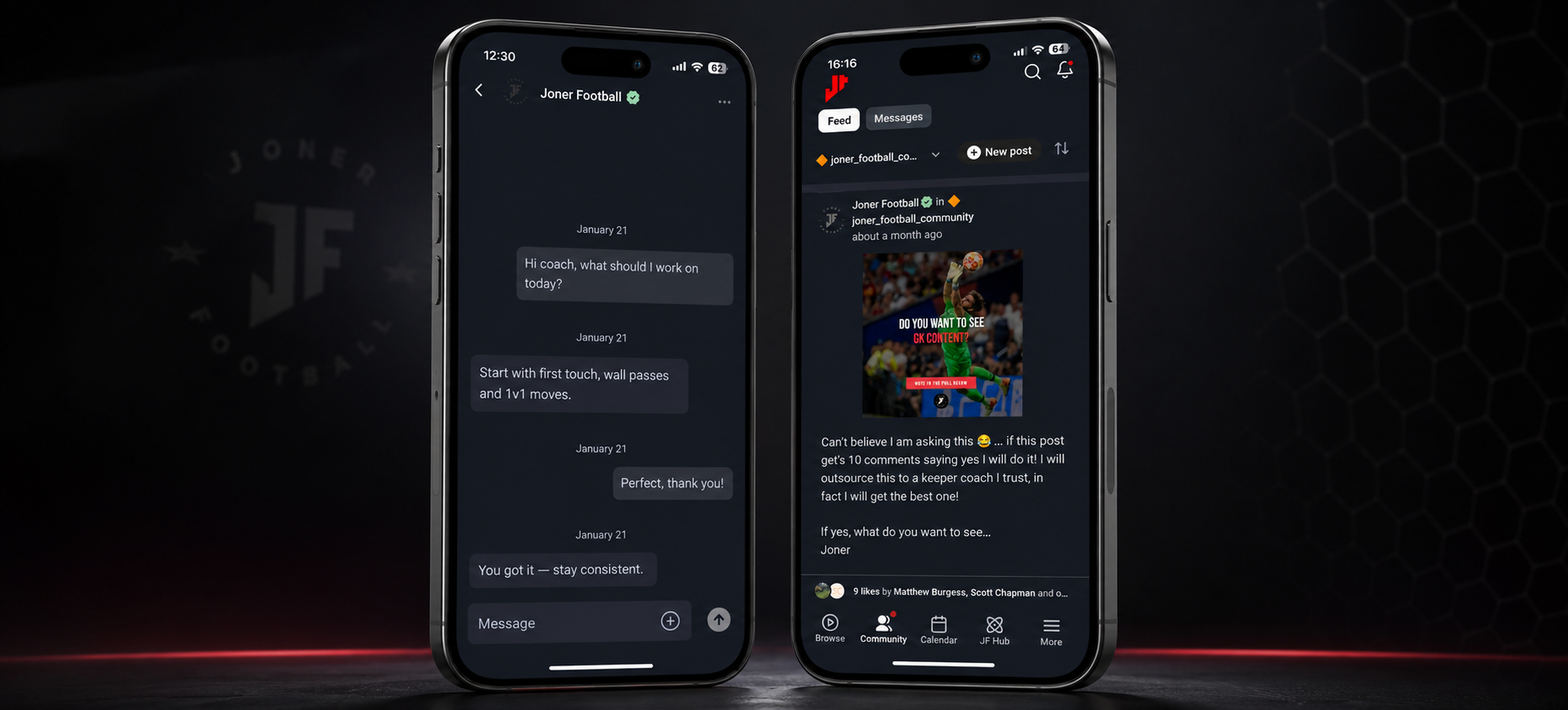 Joner Football App direct messages and community screens