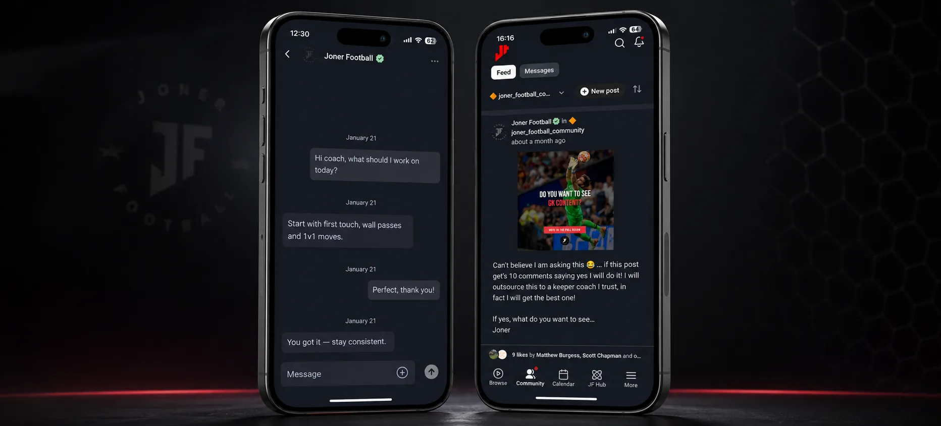 Joner Football App direct messages and community screens