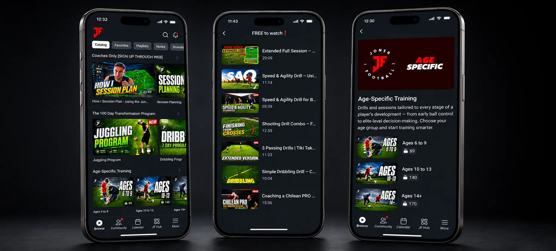 Joner Football App showing drills and age-specific training screens