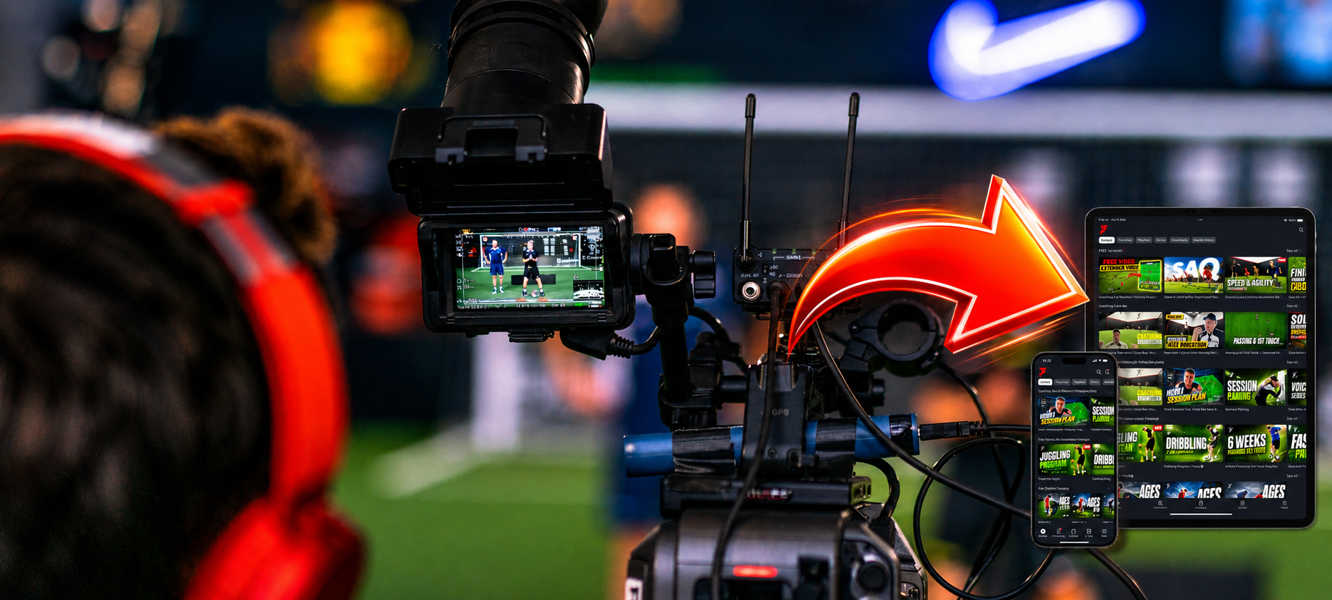 Behind-the-scenes filming setup with Joner Football App live sessions on devices