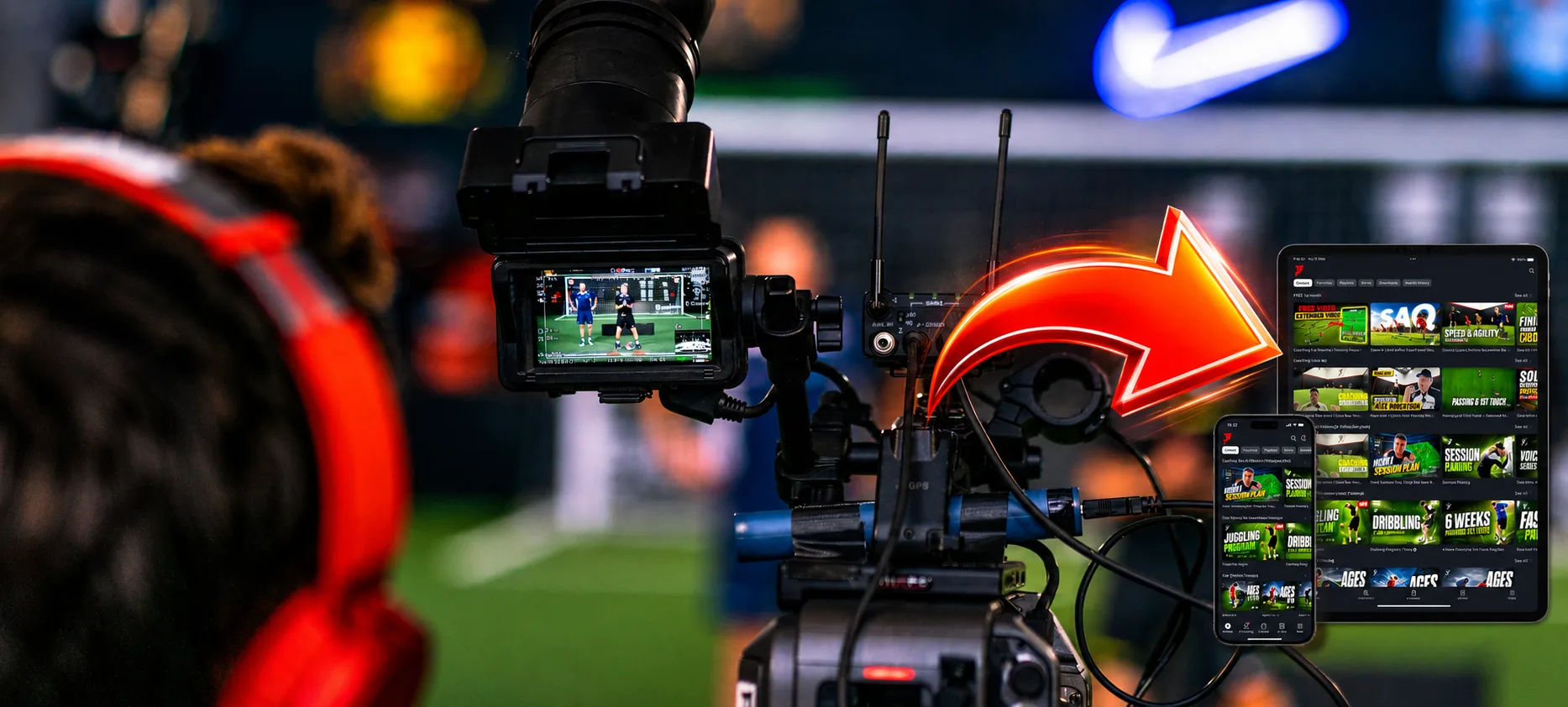 Behind-the-scenes filming setup with Joner Football App live sessions on devices