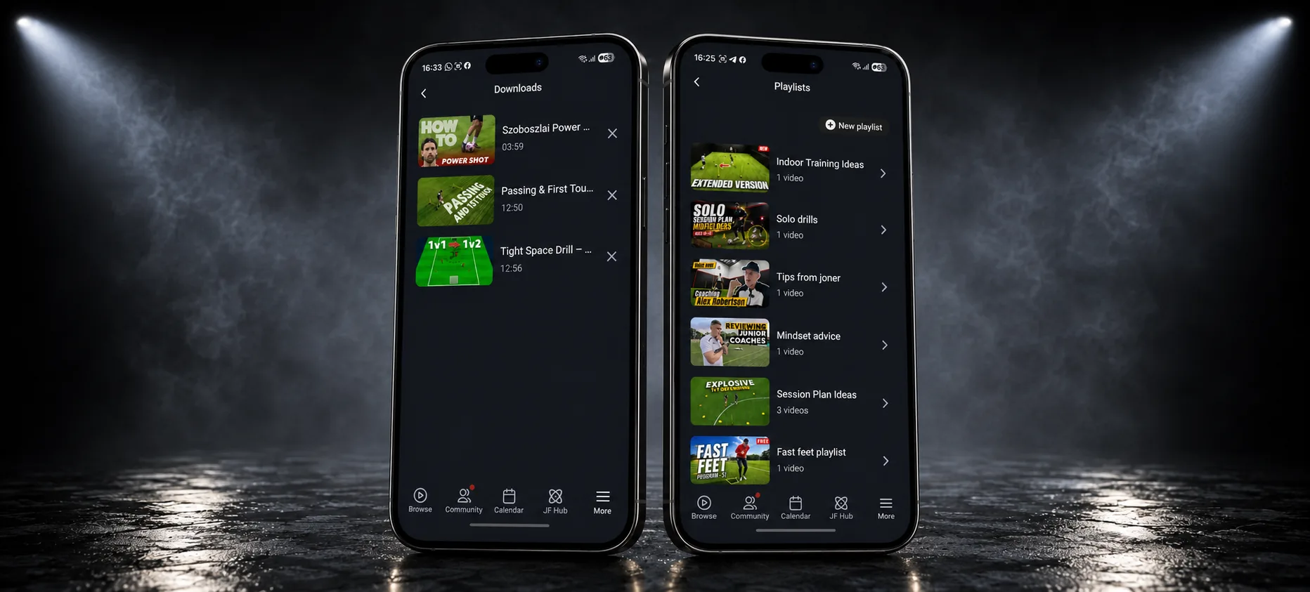 Joner Football App downloads and playlists screens