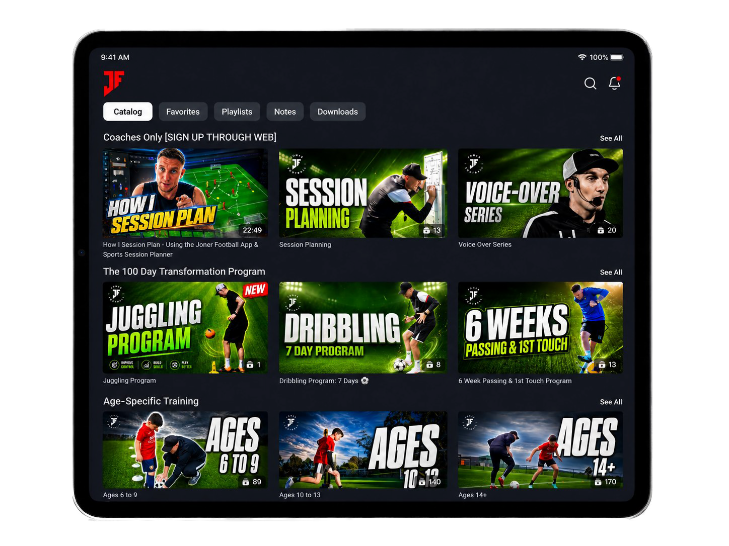 Joner Football App home screen on iPad