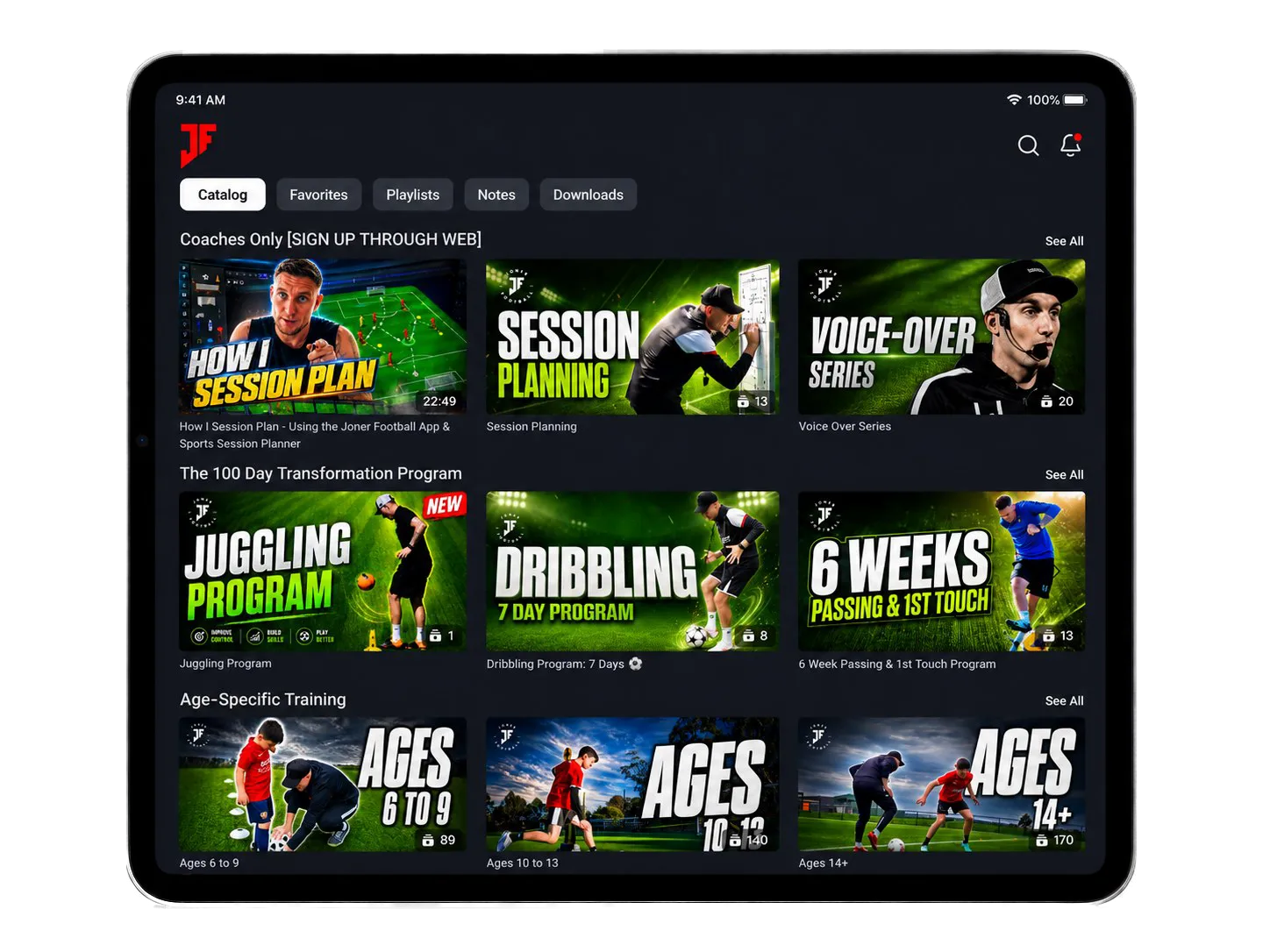 Joner Football App home screen on iPad