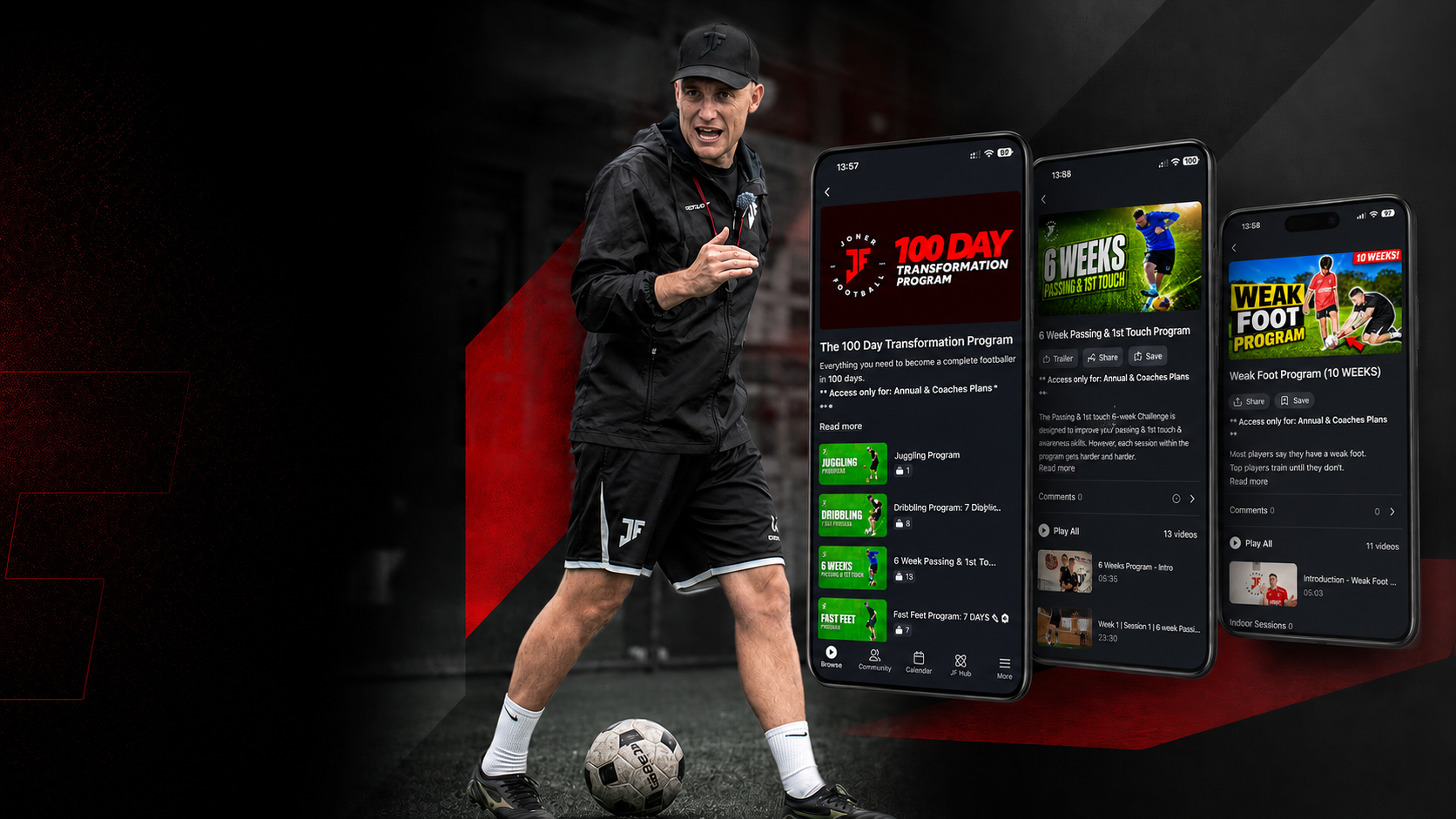 Lee Jones with the Joner Football App showing the 100 Day, Passing and Weak Foot programs