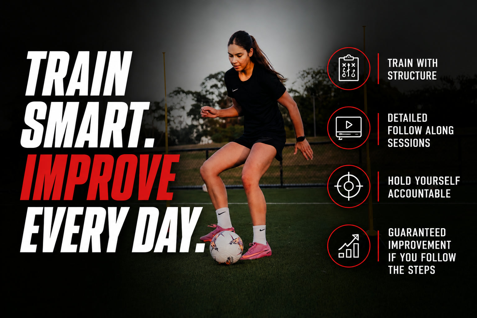 Train smart. Improve every day. Train with structure, detailed follow along sessions, hold yourself accountable, guaranteed improvement if you follow the steps.
