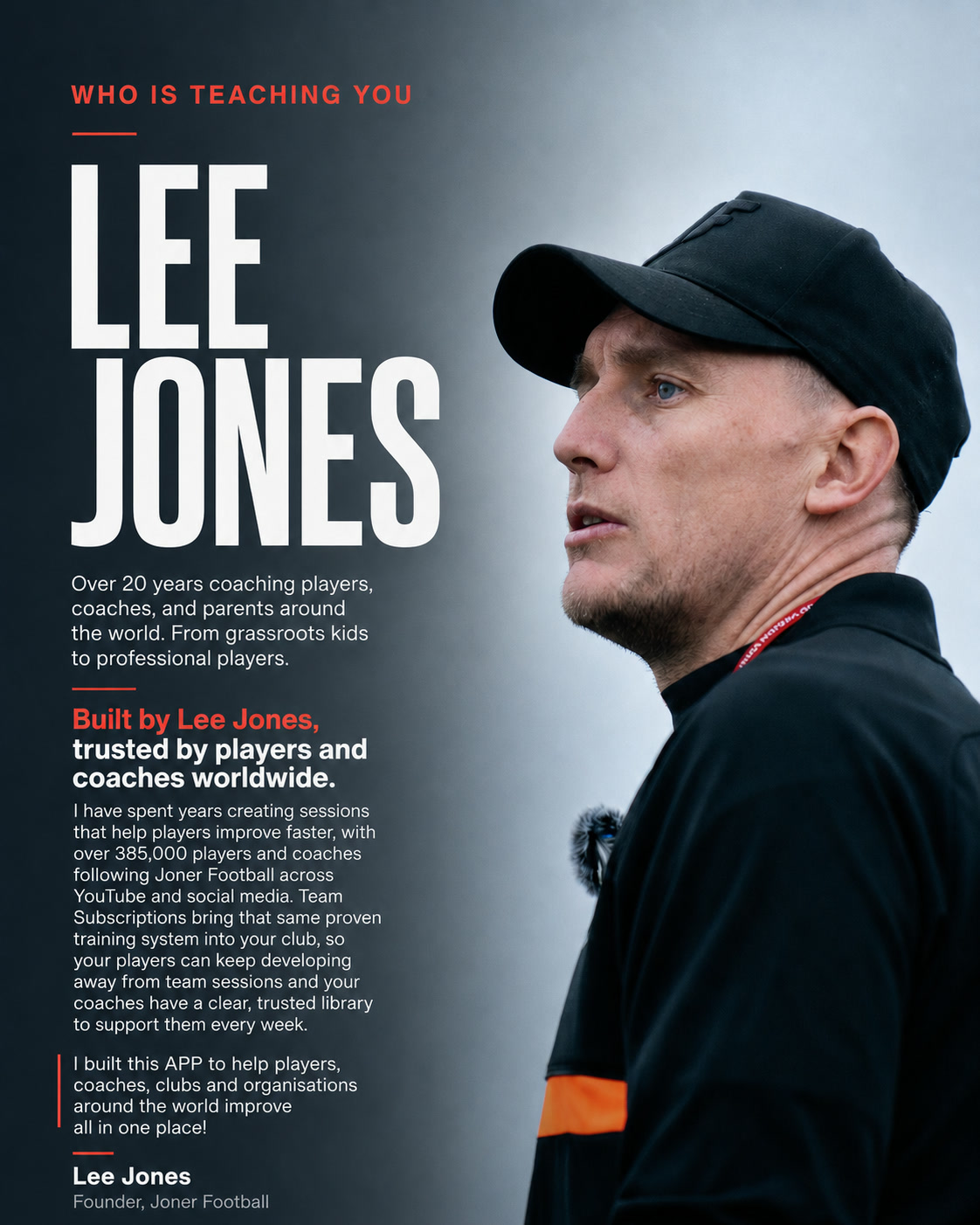 Who is teaching you: Lee Jones, over 20 years coaching, founder of Joner Football, trusted by players and coaches worldwide